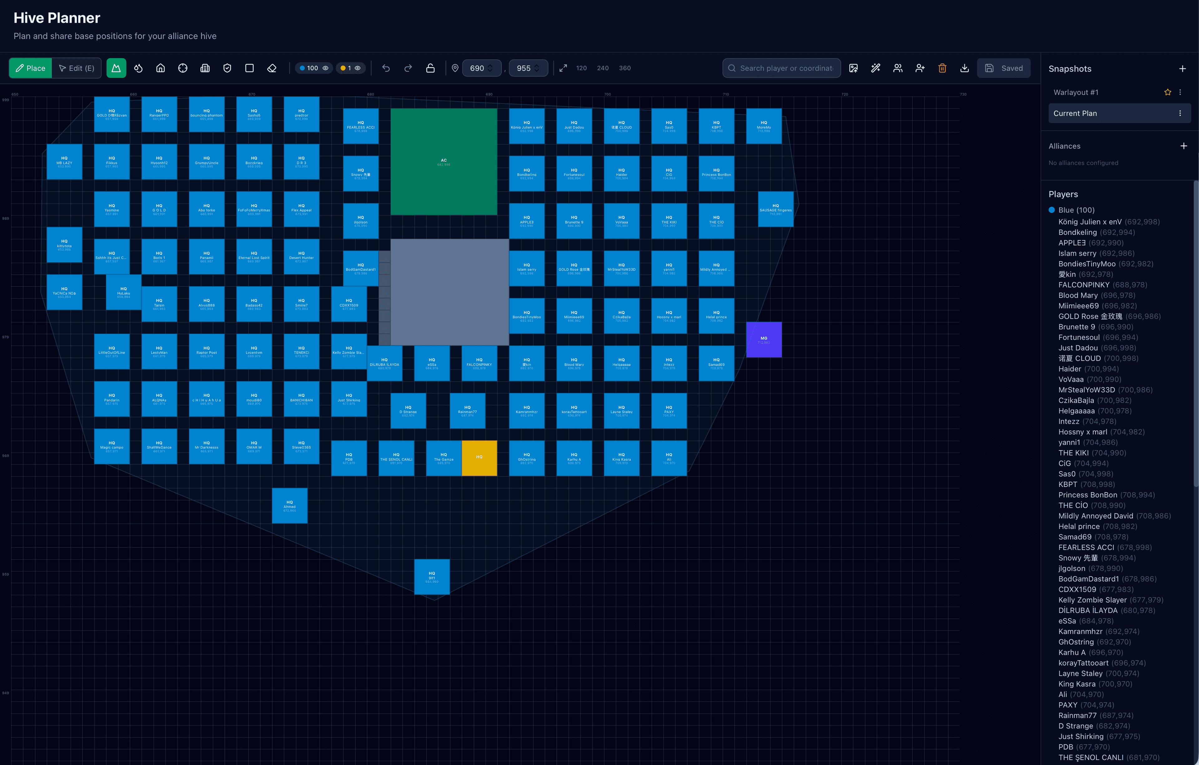 Last War hive planner with visual base placement and saved alliance hive layouts