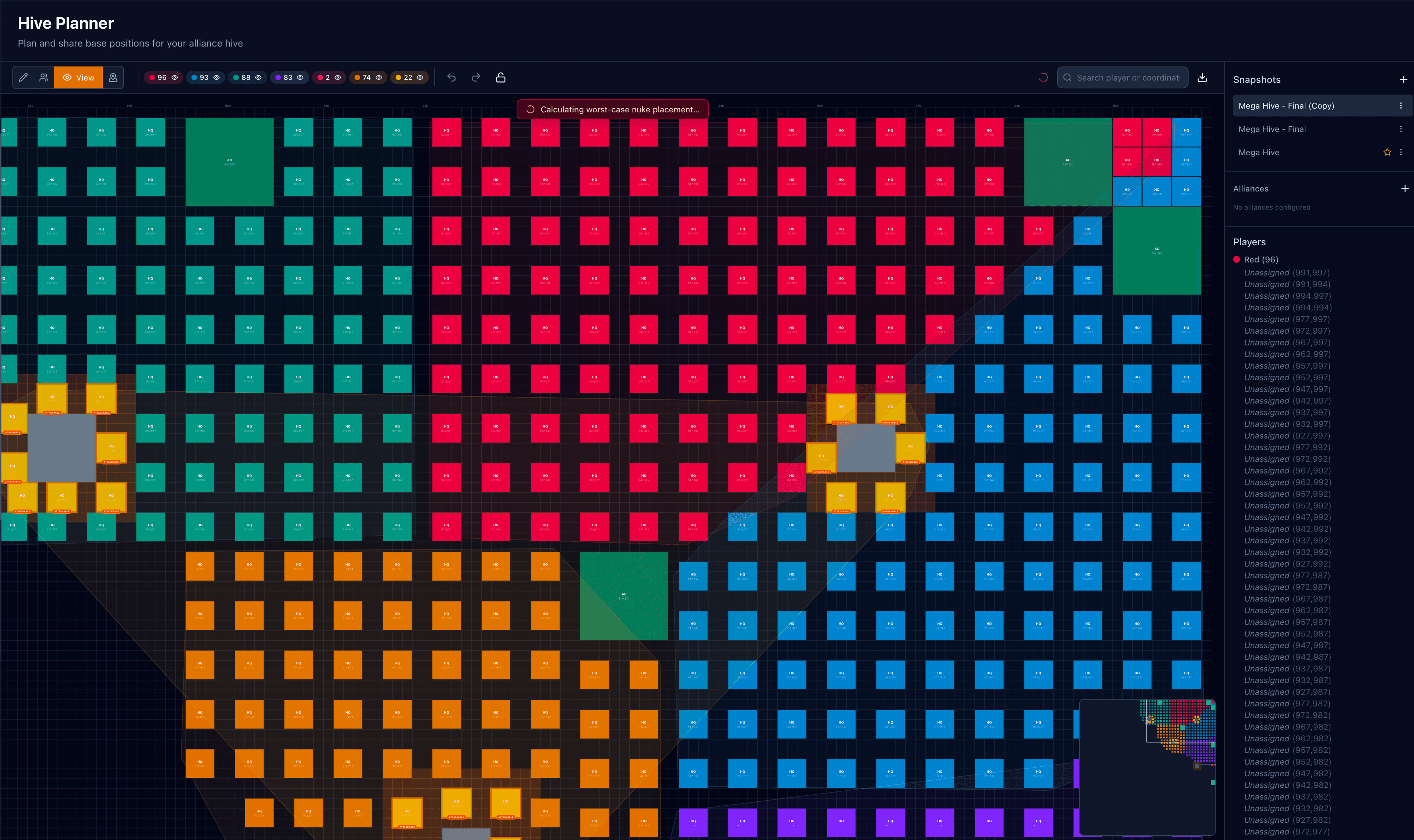 Last War hive planner mega hive view with multi-alliance coordination and color-coded HQ slots